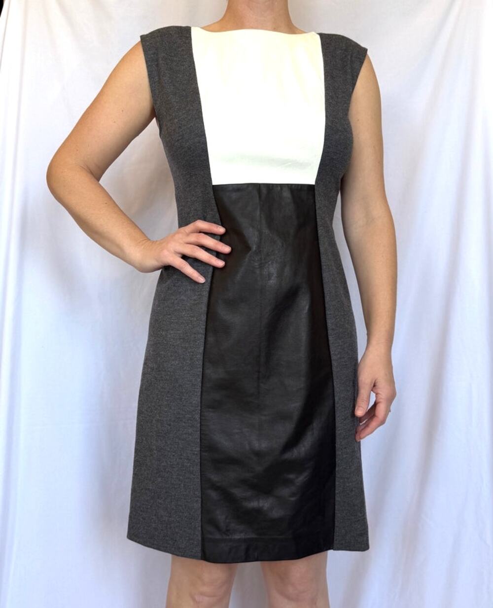 Derek Lam Black White Lambskin Leather Paneled Colorblock Grey Sheath Dress, 8